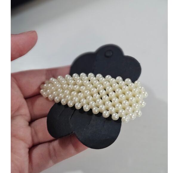 Classic Coquette Preppy White Faux Pearl Geometric Rectangle Hair Clip Barette - Picture 2 of 5